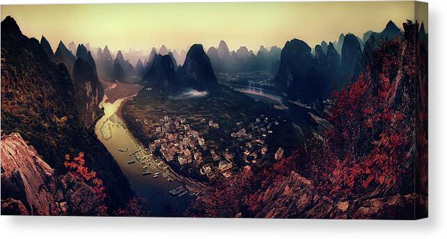 Panorama Canvas Print featuring the photograph The Karst Mountains Of Guangxi by Clemens Geiger