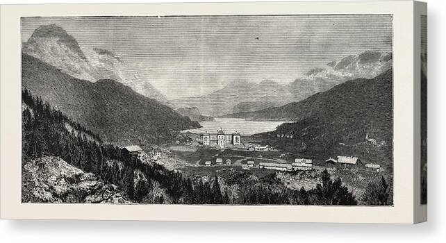 Maloja Canvas Print featuring the drawing The Maloja Valley, A New Health Resort In The Upper Engadine by Swiss School