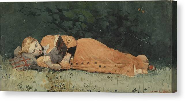 Winslow Homer Canvas Print featuring the painting The New Novel by Celestial Images