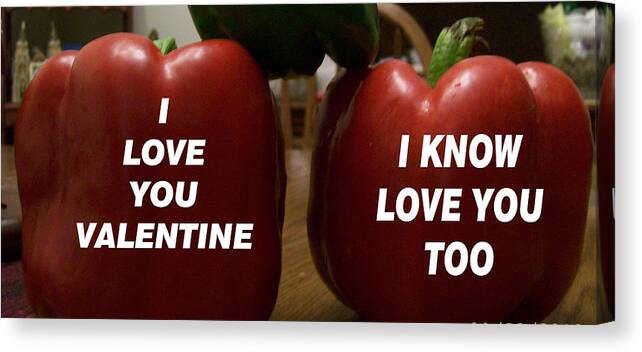 Couple Of Lovely Red Peppers Spreading Valentine Cheer A Pair Of Pepper Love To Enjoy Canvas Print featuring the photograph Valentine Pepper Love by Belinda Lee