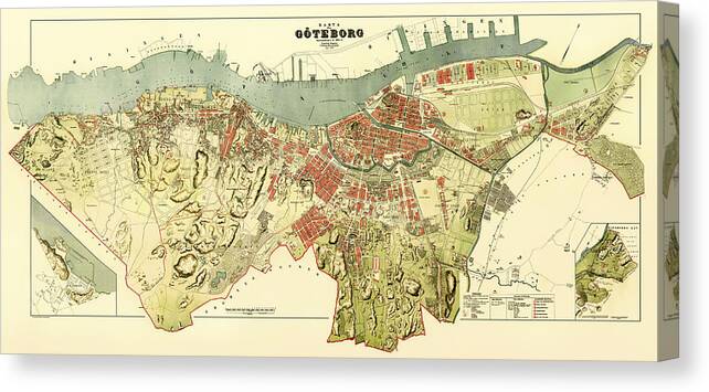 Map Canvas Print featuring the drawing Vintage Map of Gothenburg Sweden 1888 by Mountain Dreams