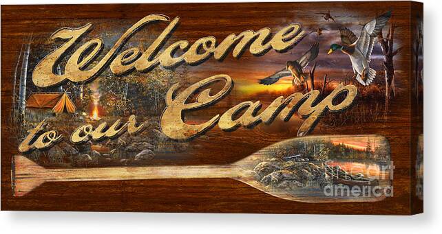 Jim Hansel Canvas Print featuring the painting Welcome to our Camp Sign by JQ Licensing