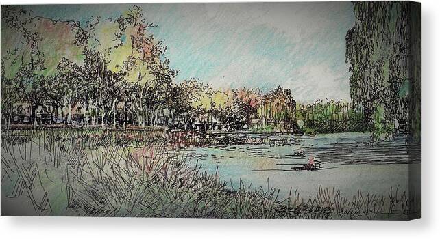 Landscape Canvas Print featuring the painting On Golden Pond 2 by Andrew Drozdowicz