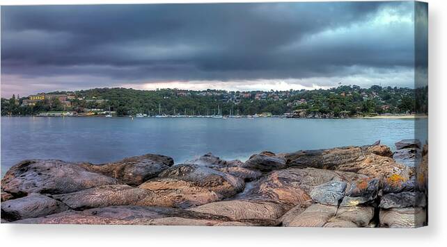 Hdr Canvas Print featuring the photograph The Rocks of Hunter Bay by Mark Lucey