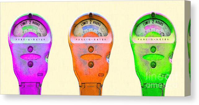 Park-o-meter Canvas Print featuring the photograph Three Park-O-Meter Parking Meter . One Hour Limit by Wingsdomain Art and Photography