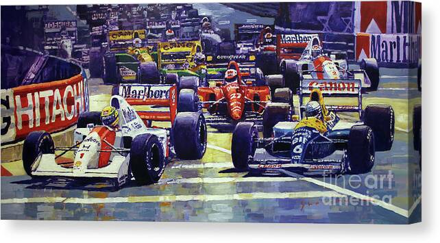 Shevchukart Canvas Print featuring the painting 1992 Monaco GP Start by Yuriy Shevchuk