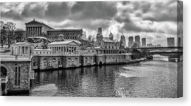Winter Canvas Print featuring the photograph Along the Schuylkill River - Fairmount Waterworks in Black and W by Bill Cannon