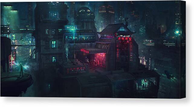 Scifi Canvas Print featuring the painting Barcelona Smoke and Neons Eixample by Guillem H Pongiluppi
