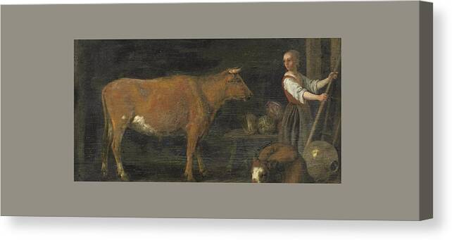 Attributed To Abraham Pietersz. Van Calraet (dordrecht 1642-1722) A Barn Interior With A Milkmaid And Cattle Canvas Print featuring the painting Barn Interior With A Milkmaid And Cattle by MotionAge Designs
