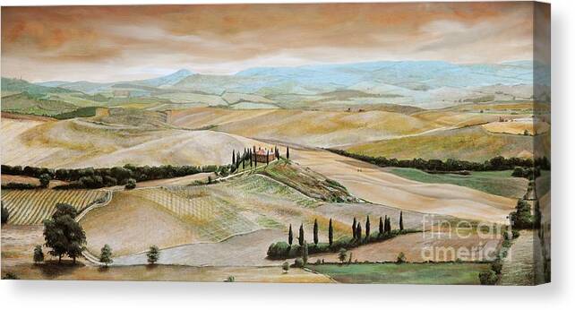 Italian Landscape; Tuscan; Hills; Countryside; Villa; Rural; Agricultural; Farmland; Tuscan Landscape; Hillside; Italy; Belvedere; Tuscany; Tree; Trees Canvas Print featuring the painting Belvedere - Tuscany by Trevor Neal