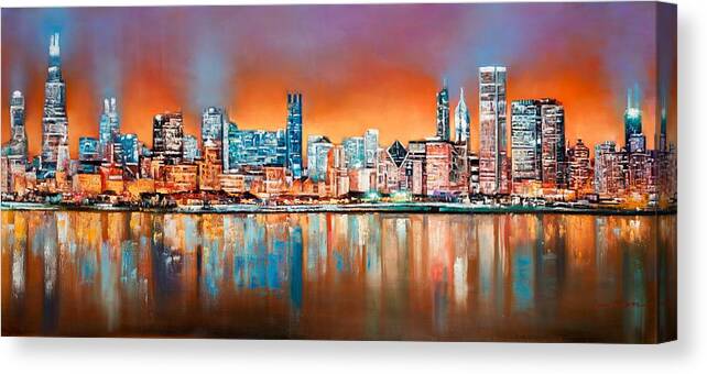 Chicago Paintings Canvas Print featuring the painting Chicago Glow at Night by Niphon