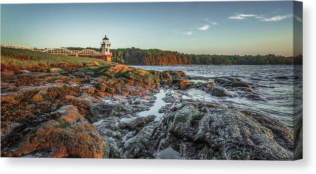 Maine Lighthouse Coast Ocean Bath Canvas Print featuring the photograph Doubling at Dusk by David Hufstader