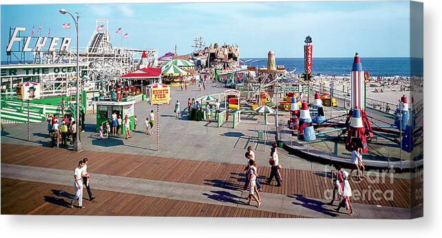 Flyer Canvas Print featuring the photograph Hunts Pier in the 1960's, Wildwood NJ Sixties Panorama Photograph. Copyright Aladdin Color Inc. by Retro Views