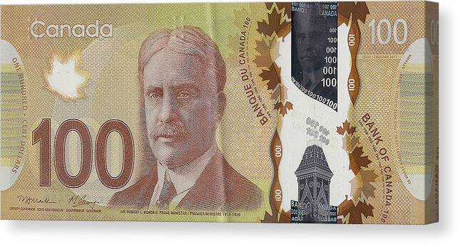'paper Currency' By Serge Averbukh Canvas Print featuring the digital art New One Hundred Canadian Dollar Bill by Serge Averbukh