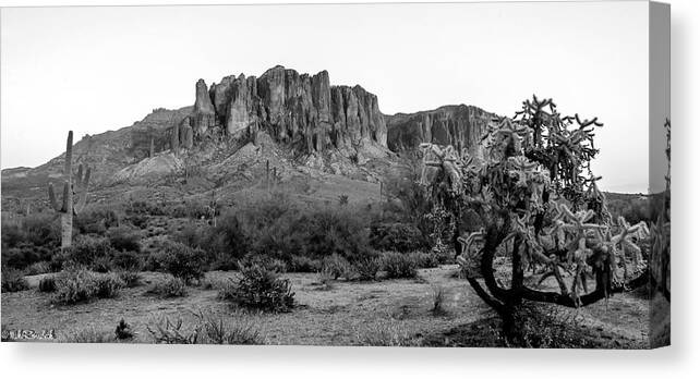 Superstition Mountains Canvas Print featuring the photograph Superstition Mountain B/W by Mike Ronnebeck