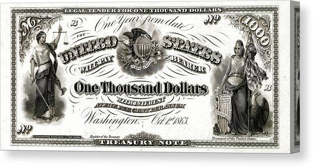 ‘paper Currency’ Collection By Serge Averbukh Canvas Print featuring the digital art U.S. One Thousand Dollar Bill - 1863 $1000 USD Treasury Note by Serge Averbukh