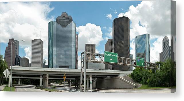 Downtown District Canvas Print featuring the photograph Downtown Houston Texas Panoramic With by Thepixelchef