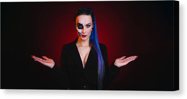 Studio Canvas Print featuring the photograph Fashion Halloween Skull Makeup by Tim Paza May
