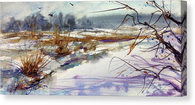 Watercolor Canvas Print featuring the painting Frozen Waters by Judith Levins