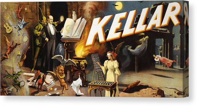 Advertising Canvas Print featuring the painting Kellar the magician, performing arts poster by Strobridge