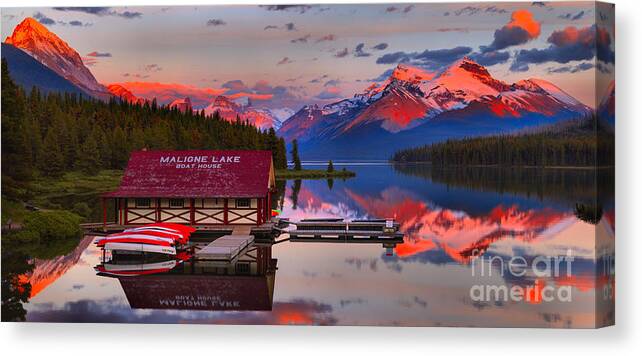 Maligne Lake Canvas Print featuring the photograph Maligne Lake Reflection Sunset Panorama Crop by Adam Jewell