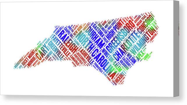 North Carolina Canvas Print featuring the digital art North Carolina State Word Art Map of Cities by Peggy Collins