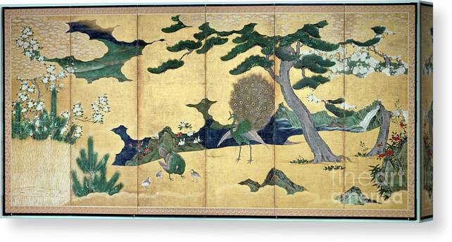 Tranquility Canvas Print featuring the drawing Pines And Peacocks, Japanese Edo by Print Collector