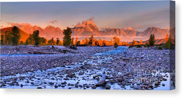 Grand Teton Canvas Print featuring the photograph Teton Alpenglow Over Spread Creek by Adam Jewell