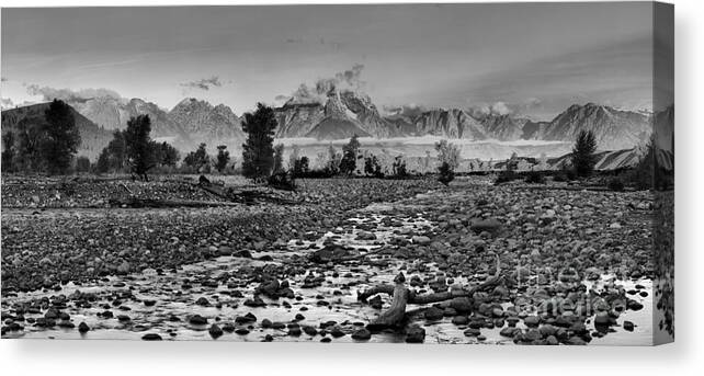 Grand Teton Canvas Print featuring the photograph Teton Alpenglow Over Spread Creek Black And White by Adam Jewell