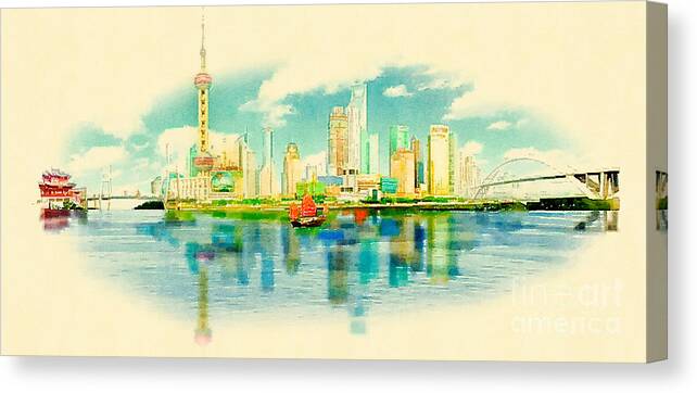 Gouache Canvas Print featuring the digital art Water Color Panoramic Shanghai by Trentemoller