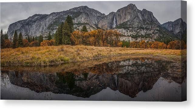 Yosemite; Landscape Photograph; Autumn; Reflection; Waterfall; Mountains; Canvas Print featuring the photograph Yosemite Autumn Reflection by April Xie