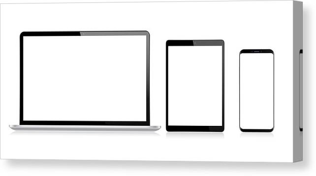 Technology Canvas Print featuring the drawing Realistic Vector Digital Tablet, Mobile Phone, Smart Phone and Laptop. Modern Digital Devices #1 by Mikimad