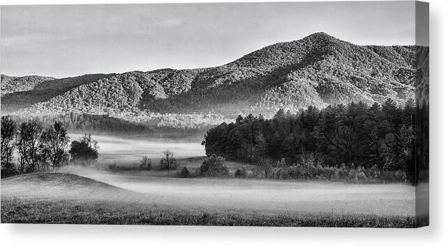 Great Smoky Mountains Canvas Print featuring the photograph A Foggy Cades Cove Morning by Bob Decker