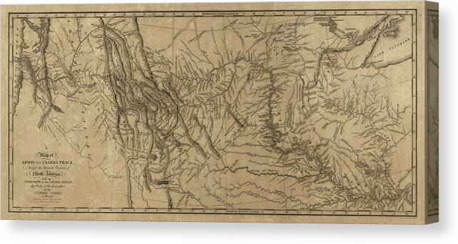 Lewis And Clark Canvas Print featuring the drawing Antique Map of the Lewis and Clark Expedition by Samuel Lewis - 1814 by Blue Monocle