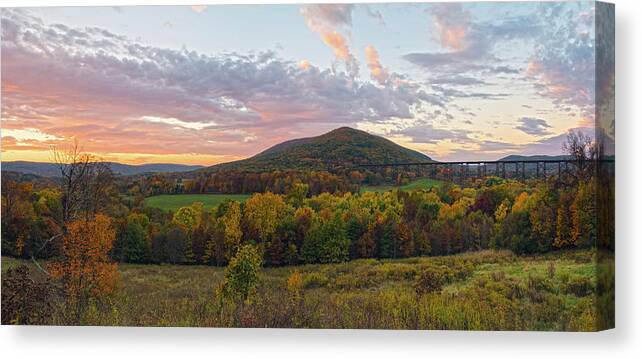 New York Landscape Canvas Print featuring the photograph Autumn Dawn At Moodna Viaduct Trestle Panorama by Angelo Marcialis