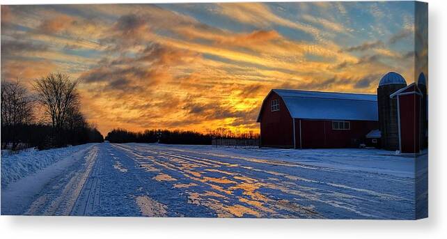 Winter Canvas Print featuring the photograph Barn Sunrise by Brook Burling