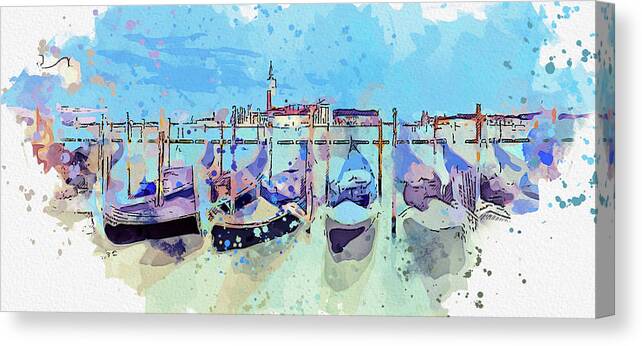Er Canvas Print featuring the painting Gondolas, Venice, Italy, ca 2021 by Ahmet Asar, Asar Studios by Celestial Images