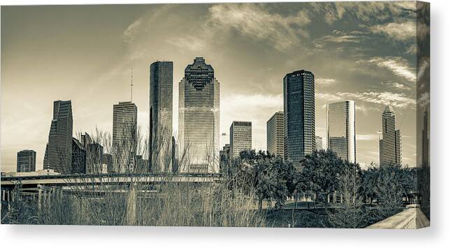 Houston Texas Canvas Print featuring the photograph Houston Skyline and Magnolia City Panorama - Sepia Edition by Gregory Ballos