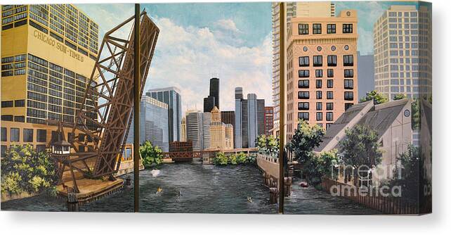 Chicago Skyline Canvas Print featuring the painting Chicago Skyline triptych by Mary Palmer