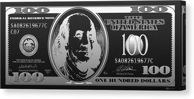 'visual Art Pop' Collection By Serge Averbukh Canvas Print featuring the digital art Hello Benjamin - Silver One Hundred Dollar US Bill on Black by Serge Averbukh