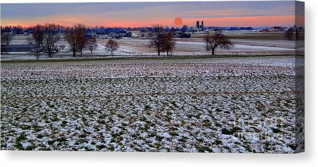 Snow Sunset Field Silo Barn Canvas Print featuring the photograph Sunset and Snow by Vilas Malankar