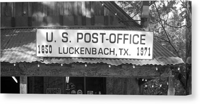 Us Canvas Print featuring the photograph U S Post Office Luckenbach Texas Sign bw by Elizabeth Sullivan