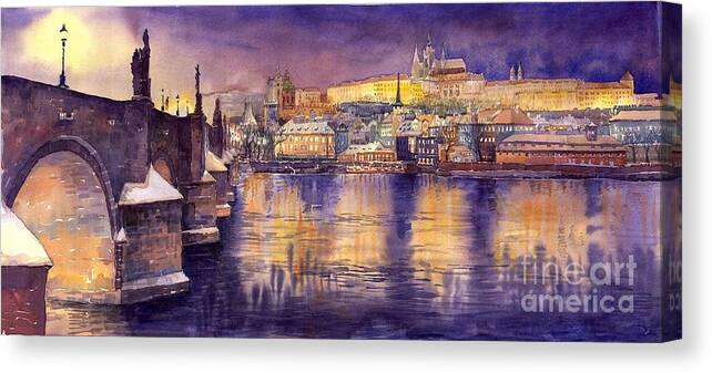 Cityscape Canvas Print featuring the painting Charles Bridge and Prague Castle with the Vltava River by Yuriy Shevchuk