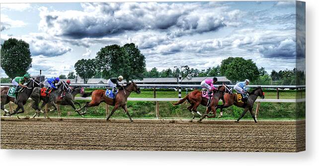 Race Horses Canvas Print featuring the photograph Close Competition by Jeffrey PERKINS