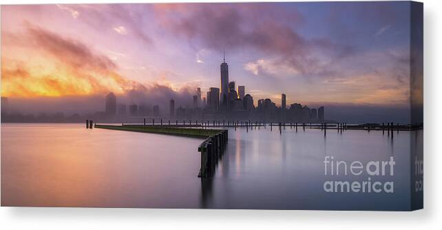 Manhattan Canvas Print featuring the photograph Manhattan On Fire Panorama by Michael Ver Sprill