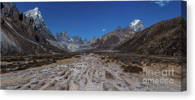 Everest Trek Canvas Print featuring the photograph Tabuche and Awi Peak with the Trail to Pheriche Down the Middle by Mike Reid
