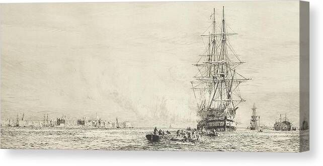 William Lionel Wyllie Canvas Print featuring the painting Victory lying in the harbour at Portsmouth by MotionAge Designs