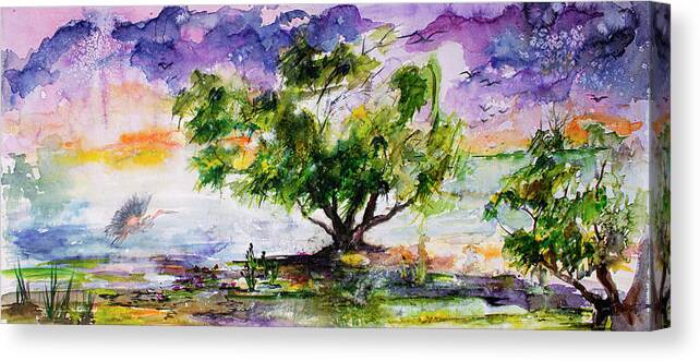 Landscapes Canvas Print featuring the painting Wetland in the Mist Landscape with Trees and Birds by Ginette Callaway