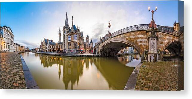 Landscape Canvas Print featuring the photograph Ghent, Belgium Old Town Cityscape #3 by Sean Pavone