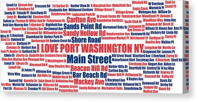 Port Washington Ny Canvas Print featuring the digital art Port Washington NY Street Name Wordcloud red white blue by David Smith